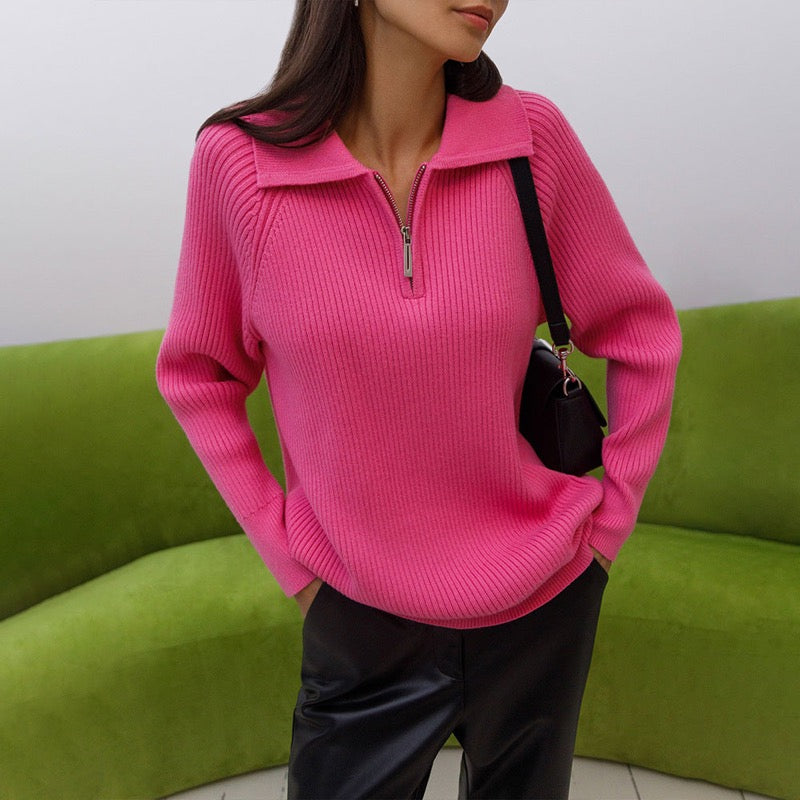 Women's hot pink ribbed zip-neck sweater with collar
