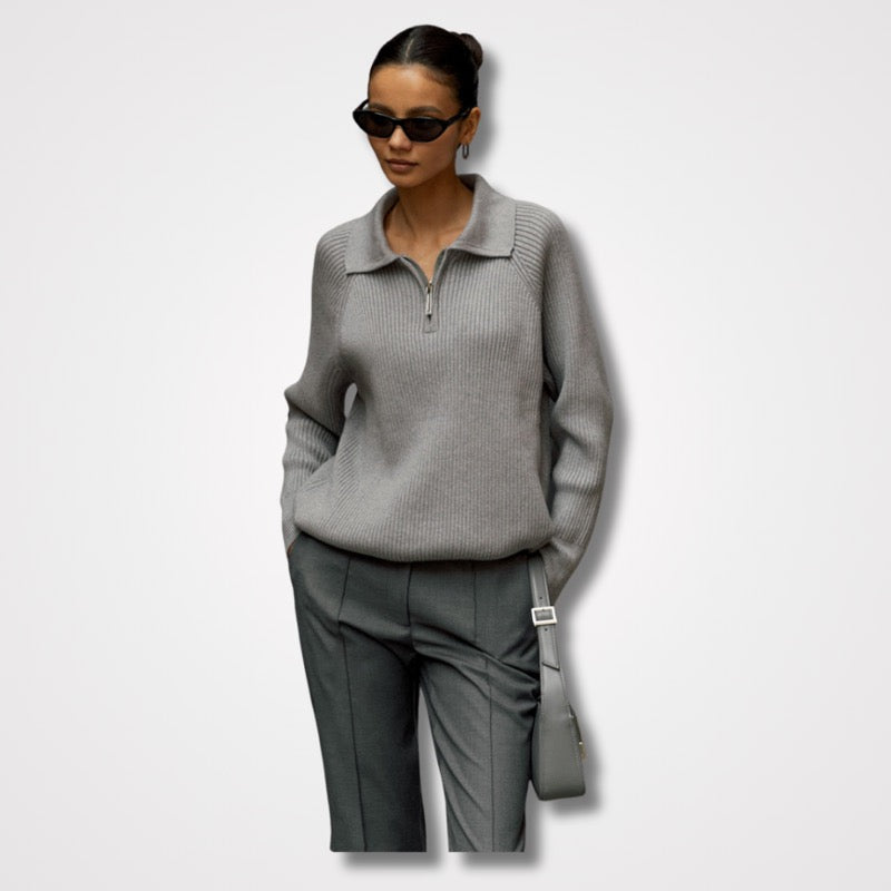 Grey zip-neck knit sweater – full view
