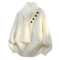 White shawl collar sweater with asymmetric black buttons – product view