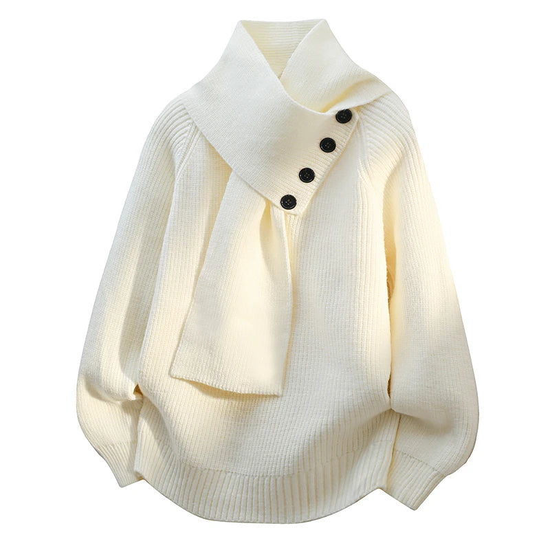 White shawl collar sweater with asymmetric black buttons – product view