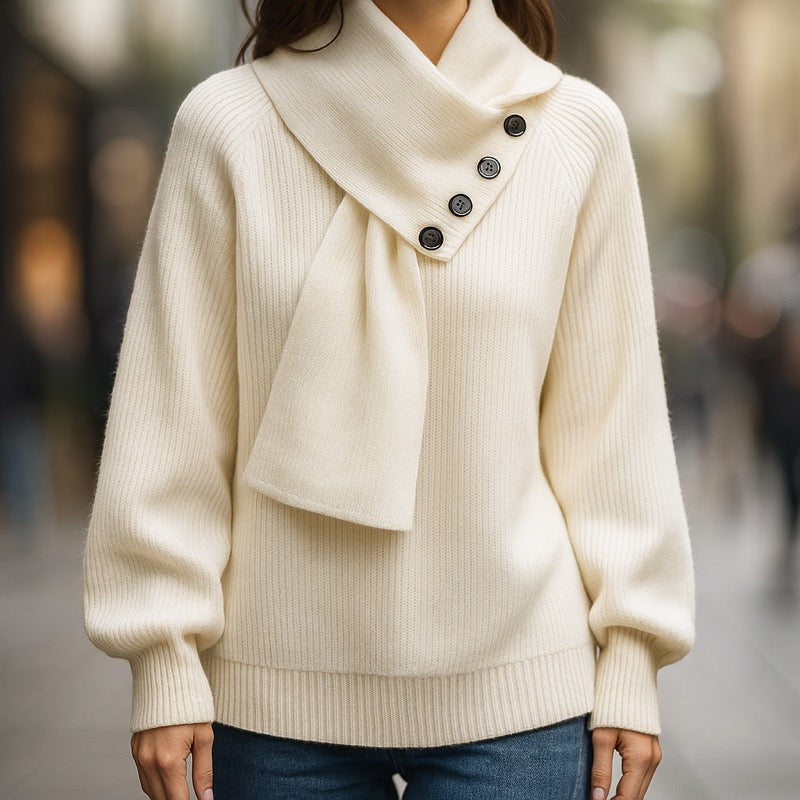 Woman wearing a white shawl collar sweater with jeans