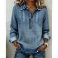 Women's blue textured knit sweater with denim-look collar