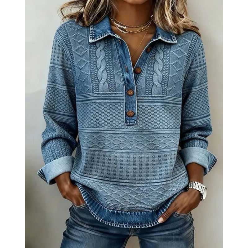 Women's blue textured knit sweater with denim-look collar