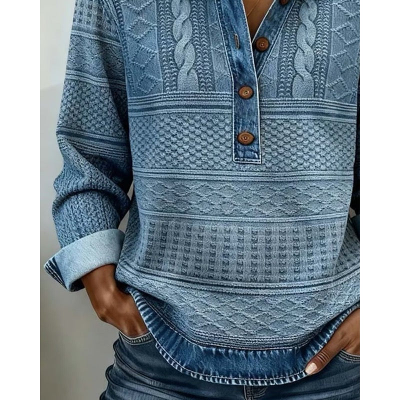 Blue textured knit sweater – close-up of the button placket