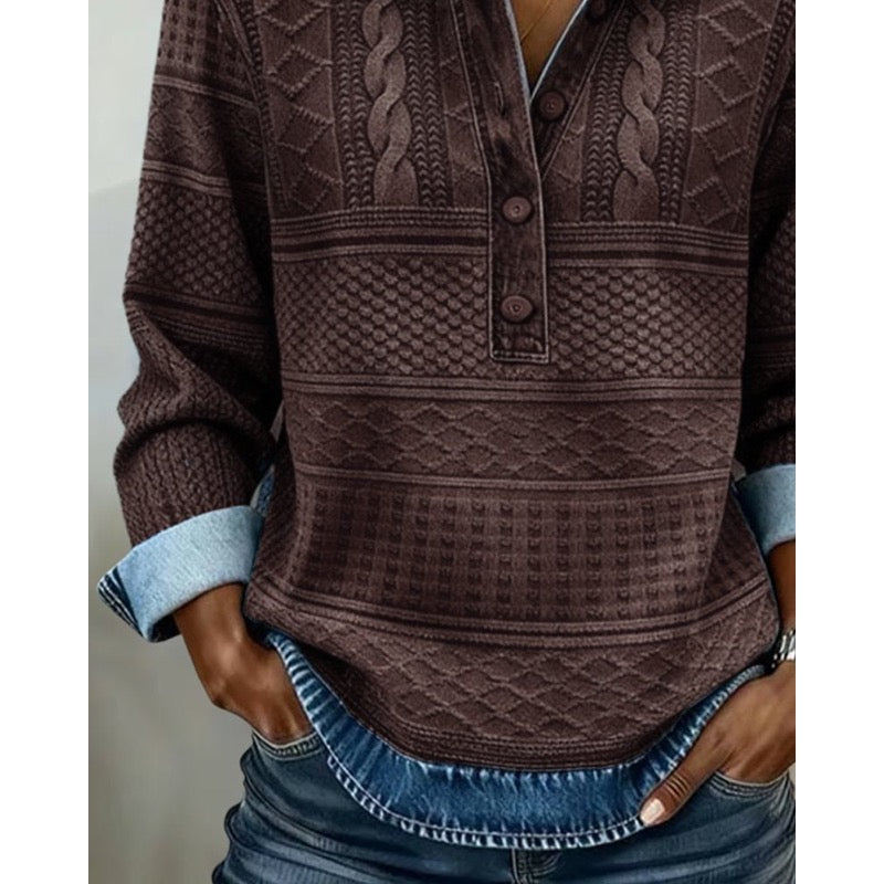 Dark brown knit sweater – close-up with denim-look cuff
