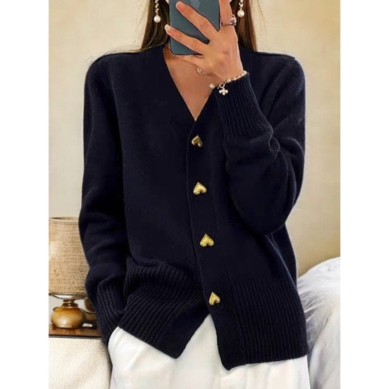 Women's V-Neck Cardigan with Heart Buttons for Office and Weekend