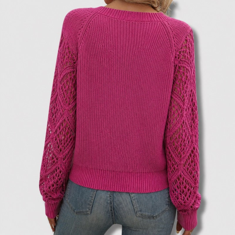 Hot pink open-knit sleeve sweater – back view